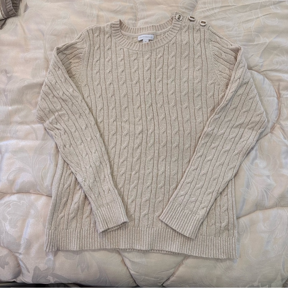 Charter Club Button-Detail Cable Knit Sweater - Gold Sparkly Cream